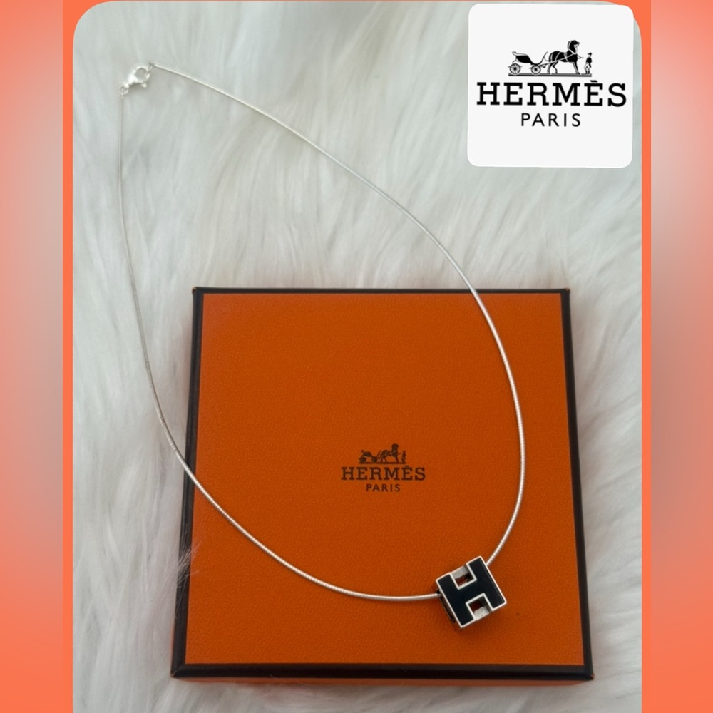 HERMÉS Palladium Plated And Black Enamel Cage D'H Pendant Necklace